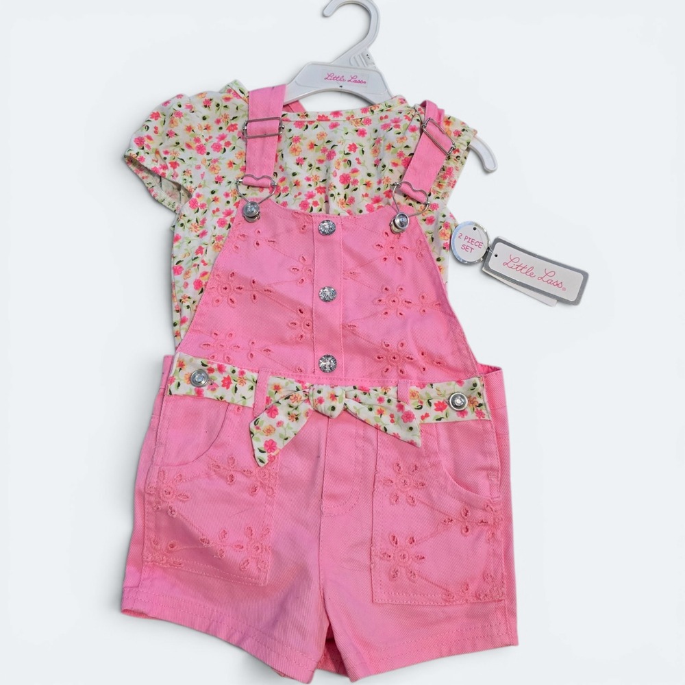 Little Lass Girls 2 Piece Set Pink Eyelet Shortalls and Floral Top Size 4T NWT